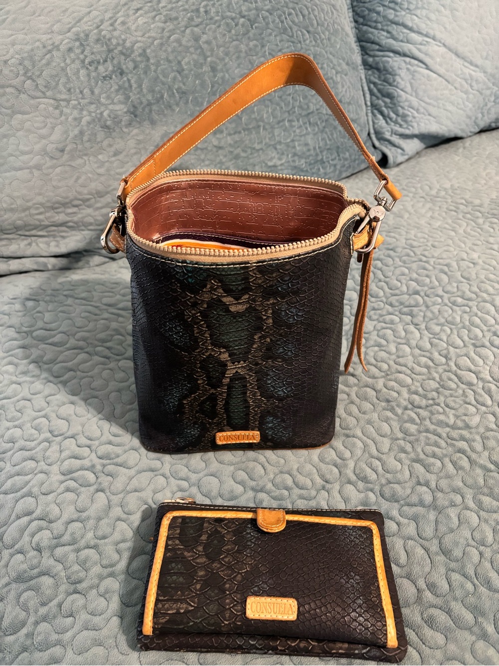 Consuela Black Snakeskin-Textured Bucket Bag with Tan Trim and Matching Wallet
